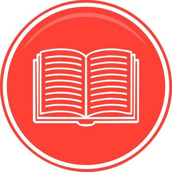 Open book icon inside a red circle with a white outline. Conceptual symbol of knowledge and learning vector