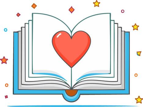 Open book with red heart and sparkling stars representing love for reading knowledge and stories in cartoon style vector