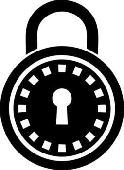 Bold black padlock icon with combination dial and keyhole symbolizing digital security access vector