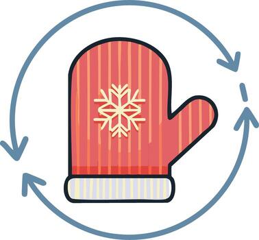 Cartoon Red Mitten with Snowflake Symbol Surrounded by Looped Arrows Symbolizing Recycle Reuse Concept vector
