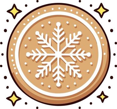 Festive round gingerbread cookie decorated with white icing snowflake and sparkling dots vector