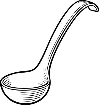 Simple line drawing of a ladle with a curved handle and deep bowl for serving soup or sauces vector