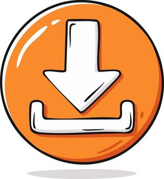Cartoon style orange download button icon in a circle for website application interface vector