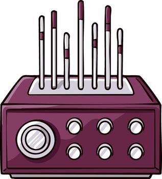 Stylized purple audio amplifier with multiple knobs and vertical meter sticks vector