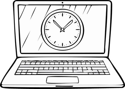 Laptop Computer Displaying Clock Face Outlined for Education and Time Management Concepts vector