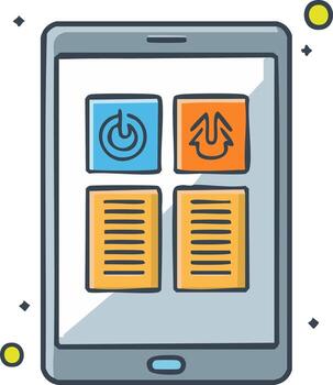 Illustration of a tablet device displaying four icons, including a power button and document symbols vector