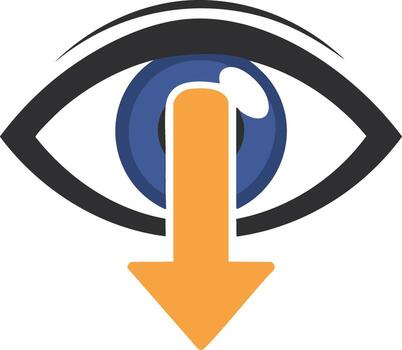 Abstract human eye graphic with blue iris and orange arrow pointing downwards, representing looking down or scrolling vector