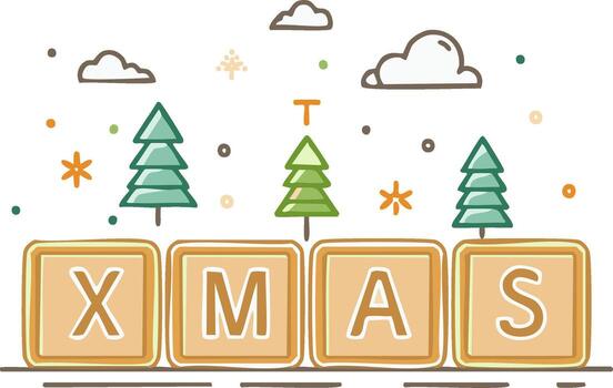 fiesta Navidad diseño elementos con arboles copos de nieve nubes y Navidad bloques vector