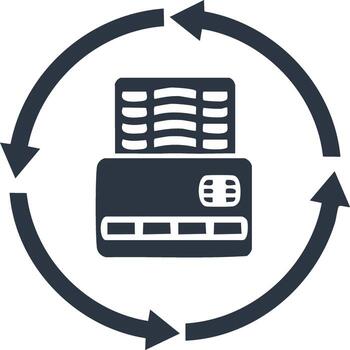 Recurring payment and credit card transaction cycle glyph icon for subscriptions and cashback vector