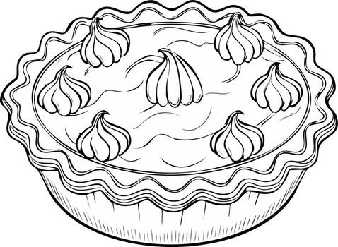 Black and white line drawing of a whole pie with meringue topping and fluted crust vector