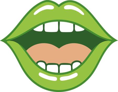 Illustration of Open Green Lips with Teeth and Tongue, representing a mouth wide open as if singing, shouting, or speaking loudly vector