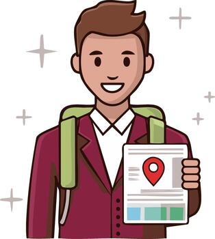 Smiling young man with a backpack holding a document displaying a red location pin icon vector