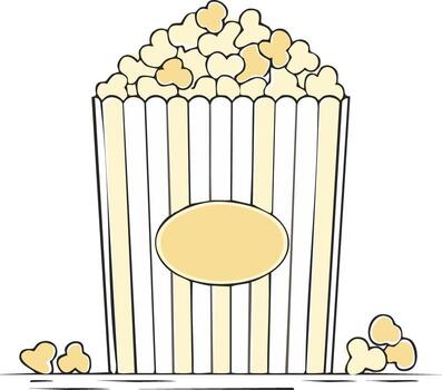 Stylized popcorn snack in a classic striped container with loose kernels scattered around vector