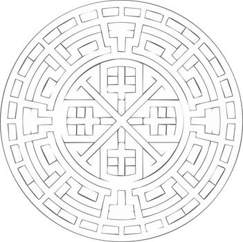 Ancient circular maze line drawing. A complex spiritual labyrinth puzzle with a geometric wheel symbol at its core vector