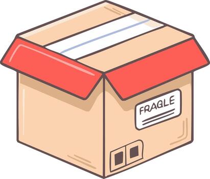 A vibrant illustration of an open cardboard delivery box with red flaps and a fragile label graphic vector