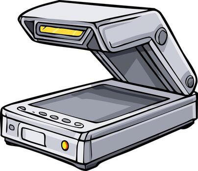 Illustrated image of an open flatbed scanner, ready to scan a document vector