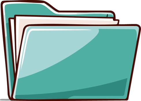 Illustration of a teal document folder with paper content, organized files and data management for business organization, cartoon style vector