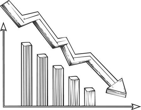 Hand drawn falling graph line over declining bar chart representing economic recession and business loss vector