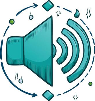 Dynamic sound speaker symbol with flowing musical elements and audio waves vector