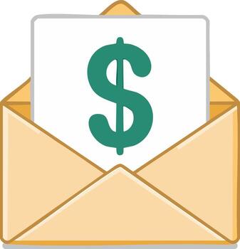 A flat illustration of an open envelope containing a card with a green dollar sign vector