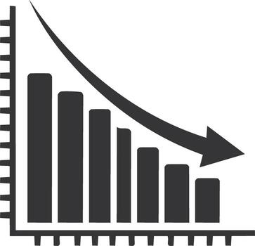 Bar chart showing a steep downward trend and a descending arrow indicating decline vector