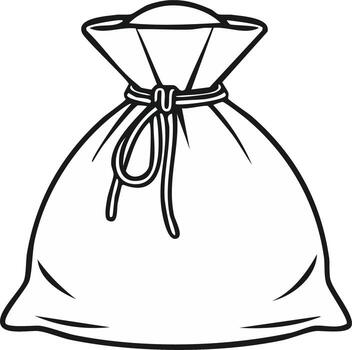 Outline of a drawstring bag, tied and sealed, side view, black lines vector