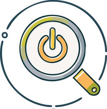 Magnifying Glass Focusing on Power Button Doodle Style Illustration for Startup Analysis and Digital Solution Search vector