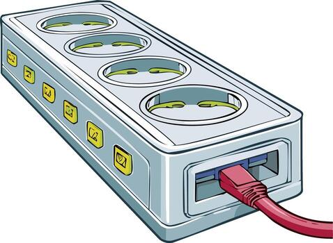 illustration of a smart power strip with multiple electrical outlets and a network port vector