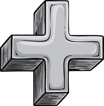 Three dimensional gray plus symbol with hand drawn sketch lines and volumetric shading vector