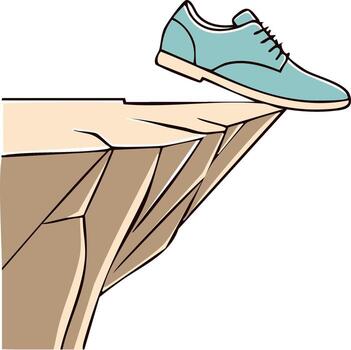 Illustration of a blue shoe balancing on a cliff edge symbolizing risk and challenge vector