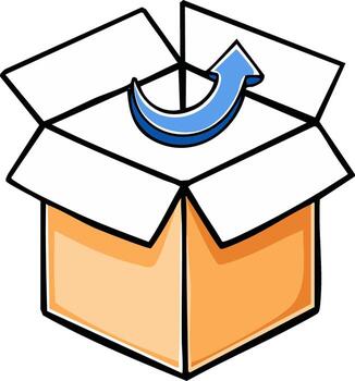 Open Cardboard Box with Blue Arrow Pointing Inside Package, Sending Item vector