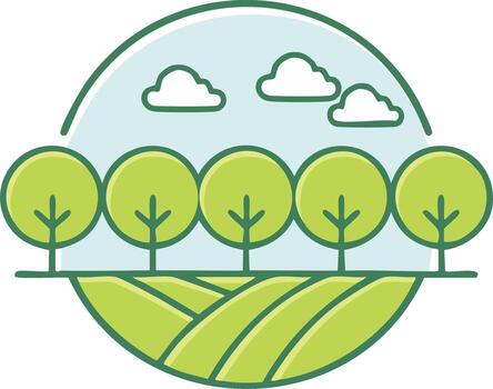 Stylized Landscape Illustration of Fields, Clouds, and Trees in a Circle vector