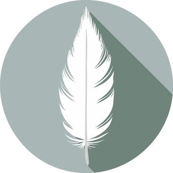 White feather icon illustration in a muted grey circular shape with modern long shadow flat design vector