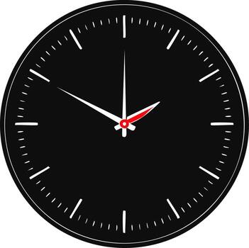 Minimalist analog clock with black face white hands and red second hand showing the time vector