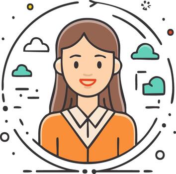 Woman's portrait with abstract elements signifying thoughts or ideas surrounded by a circular frame vector