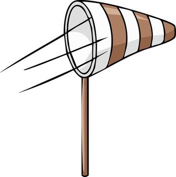 Wind sock indicating airflow on a pole with striped fabric and motion lines vector