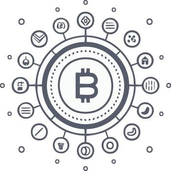 Conceptual illustration of the Bitcoin cryptocurrency ecosystem and blockchain technology network vector