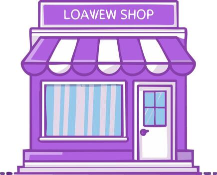 Charming purple storefront with awning and window displaying stripes vector