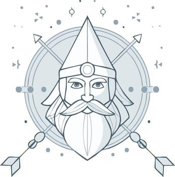 Geometric illustration of a mythical warrior head featuring a beard, pointed helmet, and crossed arrows in a circular emblem vector