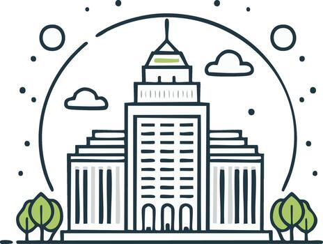 ilustración de un edificio con árboles, nubes, y Dom en sencillo línea Arte estilo vector