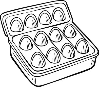 Open carton of eggs in a twelve count tray with a simple line drawing illustration vector