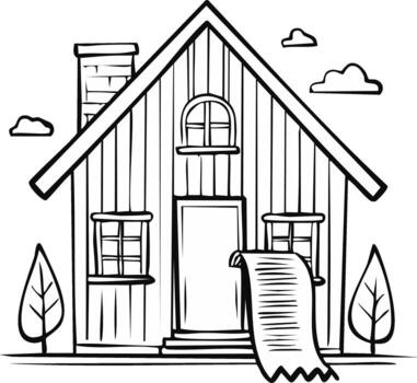 estilizado casa con un largo papel cuenta Desplazarse emergente desde un ventana, simbolizando financiero carga y gastos vector