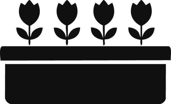 Simple black icon of four tulips growing in a rectangular planter box vector