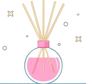 Aroma diffuser with pink liquid, reeds, and decorative elements vector