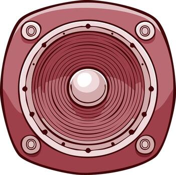 Maroon red speaker with circular cone and visible screws digital illustration for audio entertainment vector