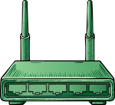Modern green wireless router with antennas and multiple ethernet ports for connectivity and internet access vector