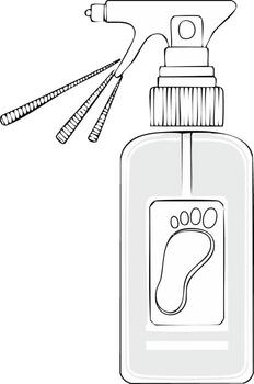 Spray bottle with footprint design ejecting streams of liquid in black and white outline vector