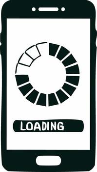 Monochrome illustration of a smartphone with loading symbol and loading text vector