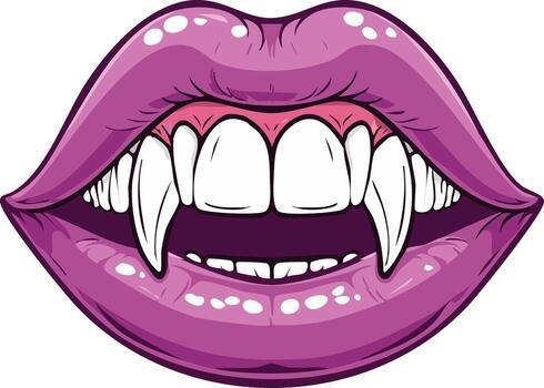 illustration of an open vampire mouth with glossy purple lips and sharp fangs vector