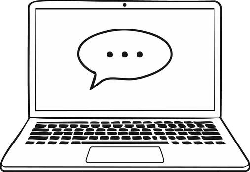 Doodle sketch of a laptop computer with a chat bubble icon for online messaging or communication concept vector
